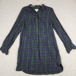 Old Navy Shirt Dress Womens M Navy Green Plaid Rayon Long Sleeve Tunic Relaxed